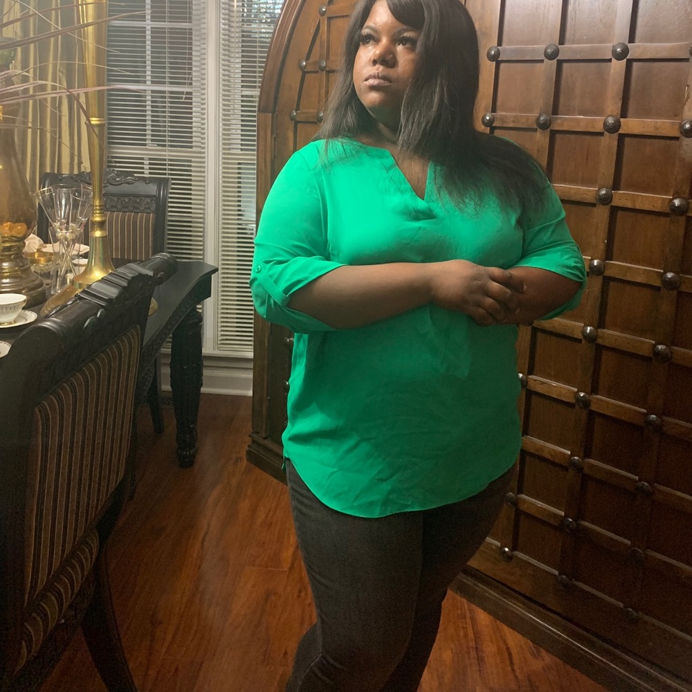 Green V neck long sleeve Blouse